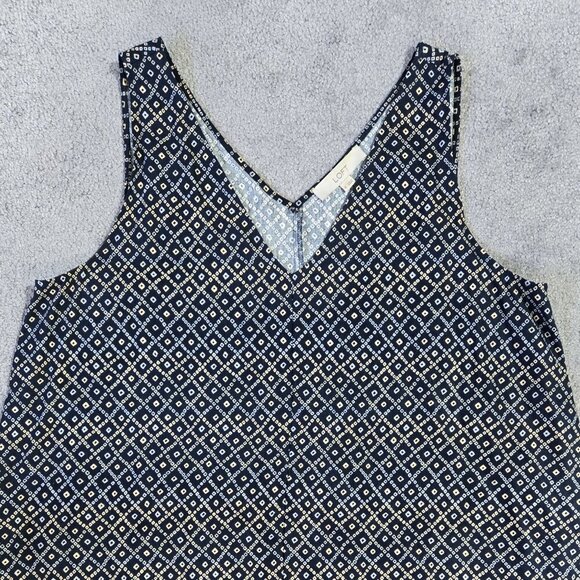 LOFT Linen Blend Blue Batik Border Mosaic Pocket Swing Dress Boho Tribal - Picture 4 of 9